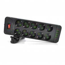Мережевий фільтр F35U, 10 розеток EU + 4 USB + 2 PD, кнопка включення з індикатором, 2 м, 3х0,75 мм, 2500W, Black, Box