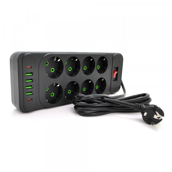 Мережевий фільтр F34U, 8 розеток EU + 4 USB + 2 PD, кнопка включення з індикатором, 2 м, 3х0,75 мм, 2500W, Black, Box