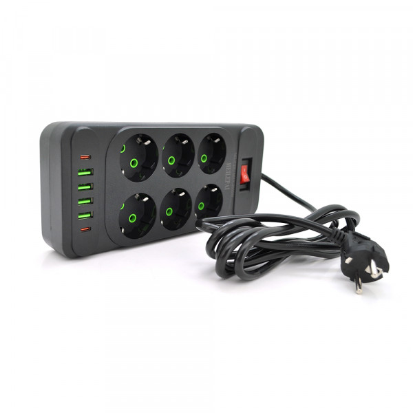 Мережевий фільтр F33U, 6 розеток EU + 4 USB + 2 PD, кнопка включення з індикатором, 2 м, 3х0,75 мм, 2500W, Black, Box