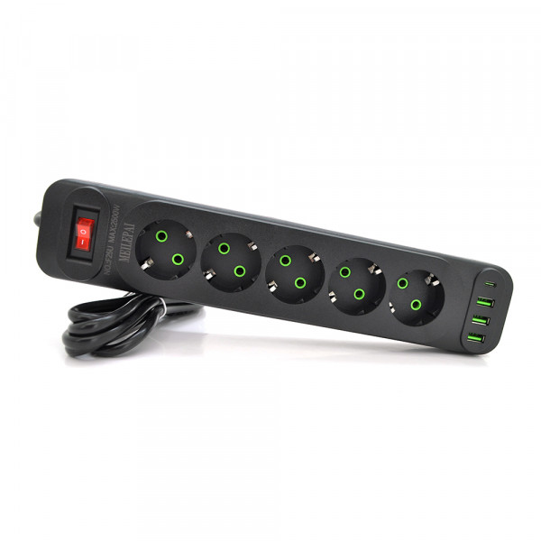 Мережевий фільтр F25U, 5 розеток EU+3 USB+PD, кнопка включення з індикатором, 2 м, 3х0,75мм, 2500W, Black, Box