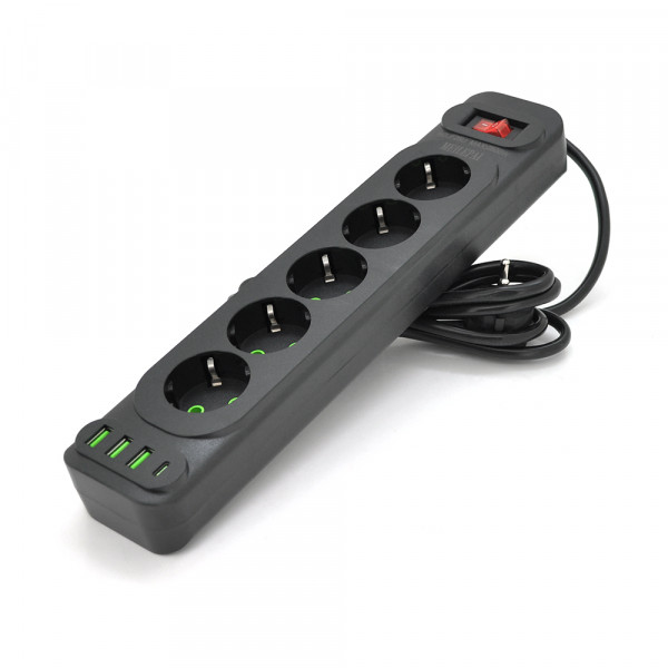 Мережевий фільтр F25U, 5 розеток EU+3 USB+PD, кнопка включення з індикатором, 2 м, 3х0,75мм, 2500W, Black, Box