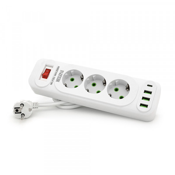 Мережевий фільтр F23U, 3 розетки EU+3 USB+PD, кнопка включення з індикатором, 2 м, 3х0,75мм, 2500W, White, Box