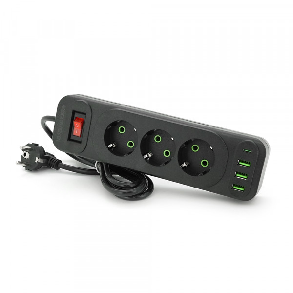 Мережевий фільтр F23U, 3 розетки EU +3 USB + PD, кнопка включення з індикатором, 2 м, 3х0,75мм, 2500W, Black, Box
