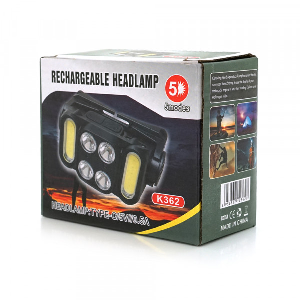 Налобний ліхтарик Voltronic K362, 4 led 5W, 2 Led Cob, red, sensor, 6 режими, корпус-пластик, водостійкий, ip44, живлення АКБ вбудований, USB Type-З кабель, 5000K, BOX