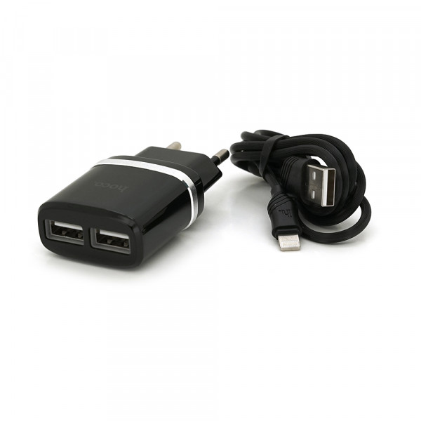 Набір СЗУ 110-240V HOCO C12 + кабель Lighting, 1xUSB, 2.4A, кабель 1м, Black, Blister