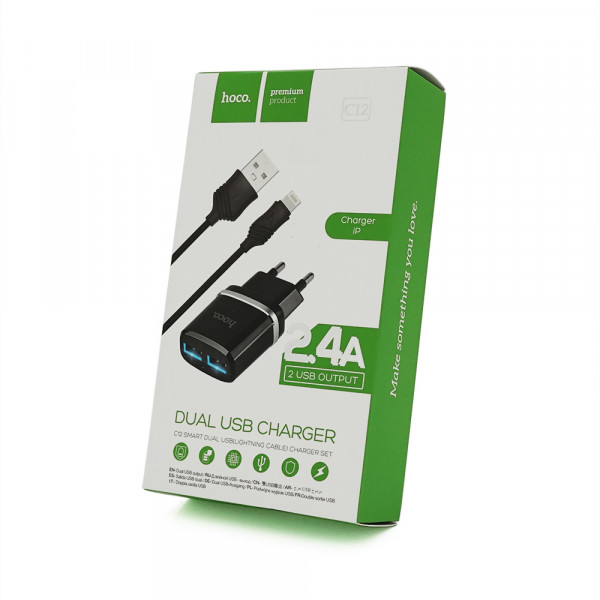 Набір СЗУ 110-240V HOCO C12 + кабель Lighting, 1xUSB, 2.4A, кабель 1м, Black, Blister