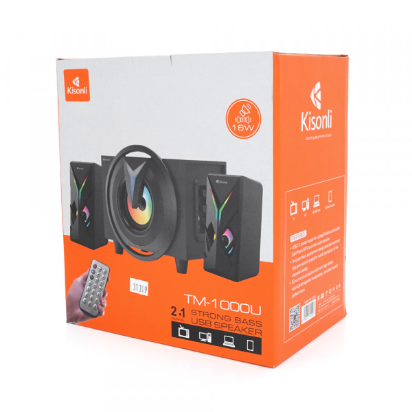 Колонки Kisonli TM-1000U, 5W+2x3W, USB/TF/BT/FM/AUX/LED light, із сабвуфером, DC: 5V, Black, BOX, Q8