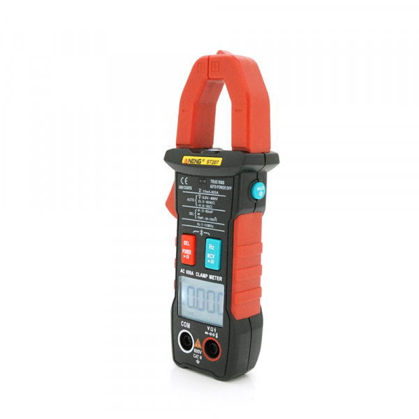 Токові кліщі ANENG ST207. Вимірювання: V (AC/DC), A (AC), Ω, C, Hz, °C (NCV, True RMS). Функції: Bluetooth, Data Hold, продзвон, ліхтарик, підсвічування.