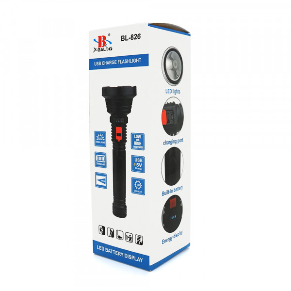 Ліхтар ручний Bailong BL-826, 1LED, OSL LED, 3W, 3 режими, вбудований АКБ/2000mah, Black, IP44, кабель USB-micro, 260х82х36мм, BOX