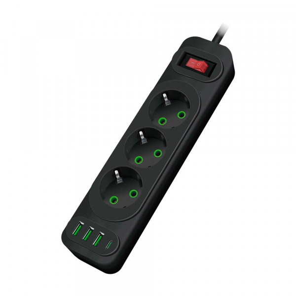 Мережевий фільтр F23U, 3 розетки EU +3 USB + PD, кнопка включення з індикатором, 2 м, 3х0,75мм, 2500W, Black, Box