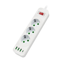Мережевий фільтр F23U, 3 розетки EU+3 USB+PD, кнопка включення з індикатором, 2 м, 3х0,75мм, 2500W, White, Box