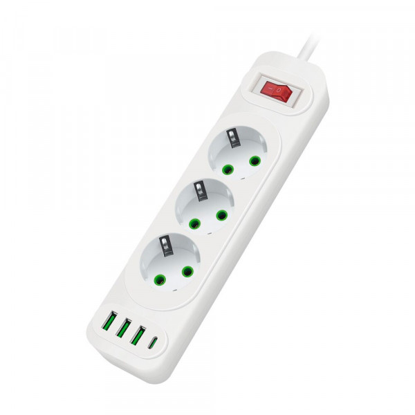 Мережевий фільтр F23U, 3 розетки EU+3 USB+PD, кнопка включення з індикатором, 2 м, 3х0,75мм, 2500W, White, Box