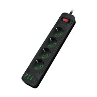 Мережевий фільтр F24U, 4 розетки EU+3 USB+PD, кнопка включення з індикатором, 2 м, 3х0,75мм, 2500W, Black, Box
