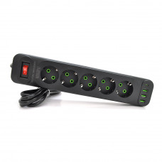 Мережевий фільтр F25U, 5 розеток EU+3 USB+PD, кнопка включення з індикатором, 2 м, 3х0,75мм, 2500W, Black, Box