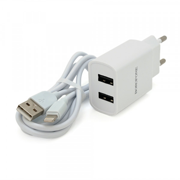 Набір BOROFONE BA53A СЗУ 2xUSB+ кабель Lighting, 2.1A, 1м, White, Blister