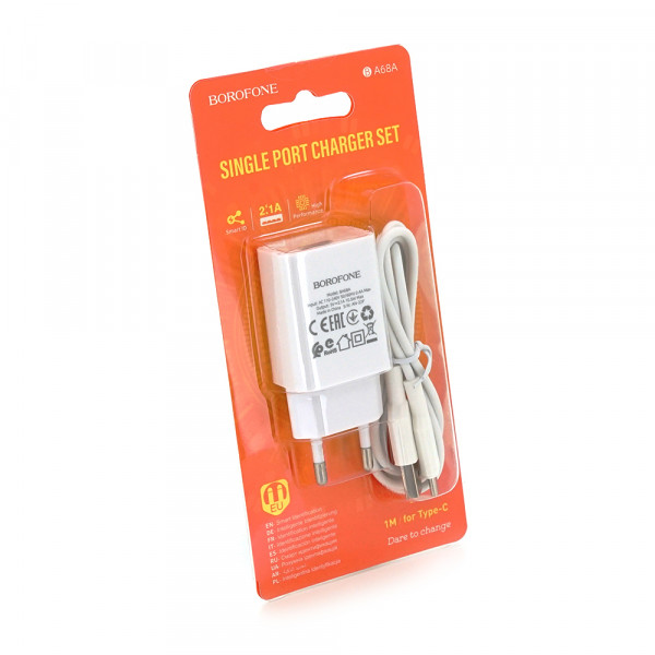 Набір BOROFONE BA68A СЗУ 1xUSB+ кабель Type-C, 2.1A, 1м, White, Blister