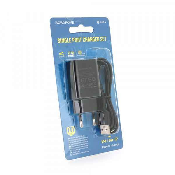 Набір BOROFONE BA68A СЗУ 1xUSB+ кабель Lighting, 2.1A, 1м, Black, Blister