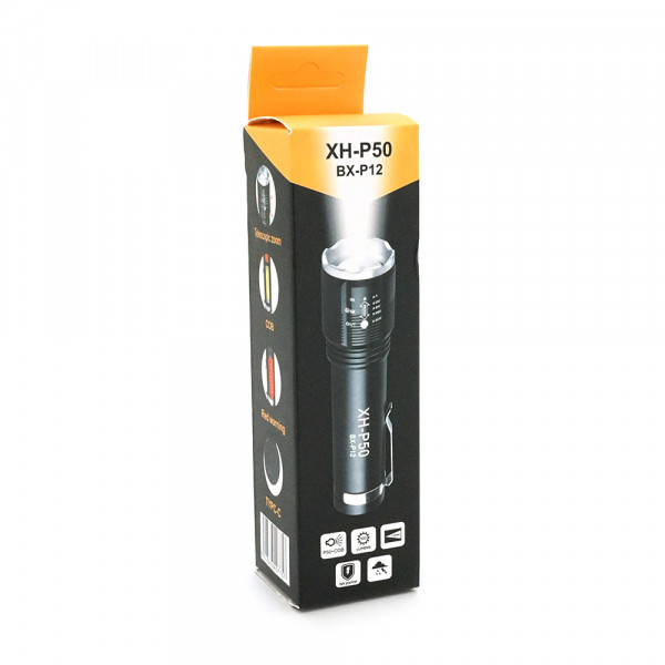 Ліхтарик XP-P50-P12, 3+1 режим, корпус алюмінієвий, вбудований акум, USB кабель, BOX