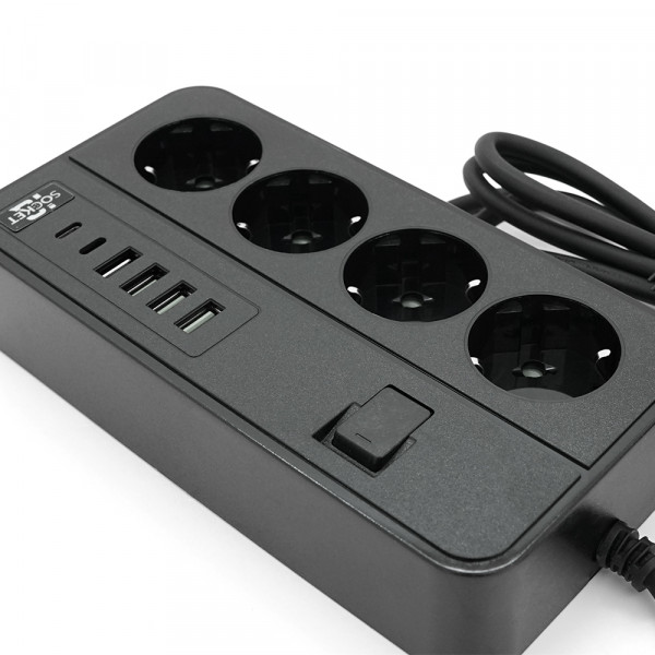 Мережевий фільтр із захистом від перенапруги G13, 3000W, 4 Socket + 4 USB 3,2 А + 2 Type-C, 2м, Black, Box