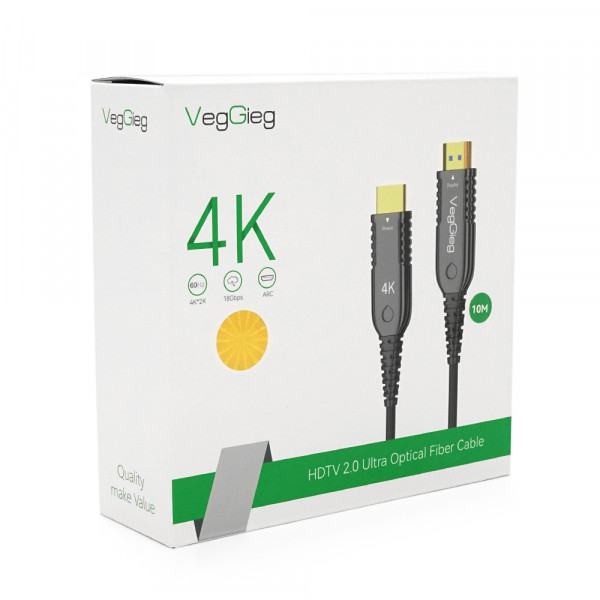 Кабель VEGGIEG V-H707 HDMI-HDMI 4K/60Hz 3840*2160.3D,HDR, ARC, Optical Fiber Cable, 10.0m, 19+1Wire, 18gbps, Black-Metal, Box
