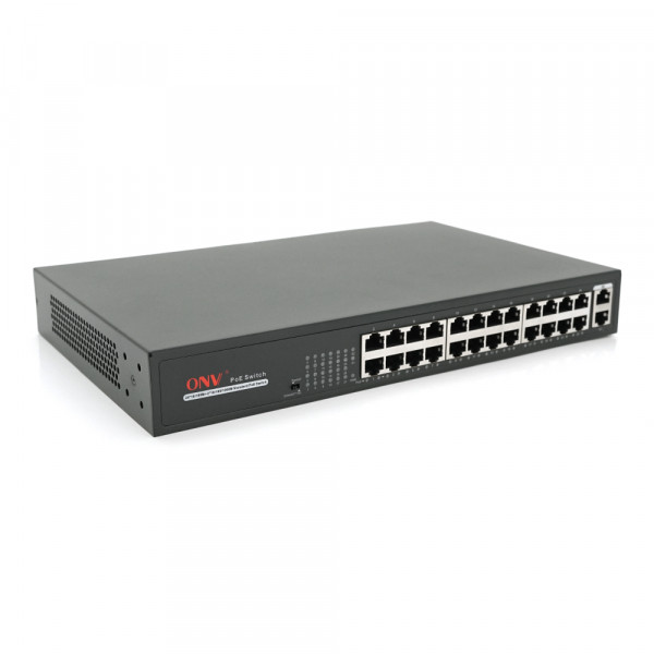 24х портовий PoE комутатор ONV-H1024PLS 24 порти РоЕ 100 Мбіт + 2 Uplink 1000 Мбіт, до 250м, IEEE802.3af/at, загальна потужність 250Вт