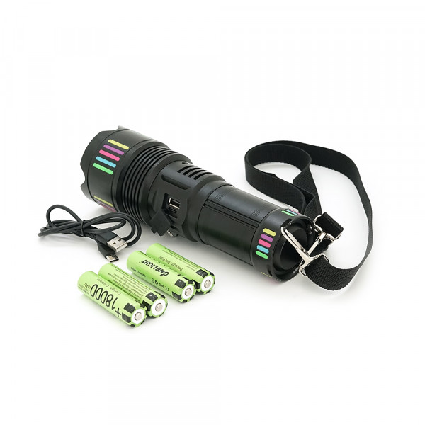 Ліхтар пошуковий BP-505 LED PM60, 4 режими, індикація заряду, живлення від 4*18650, IP65, USB кабель, 260х140х85мм, 1,140кг, Black, BOX