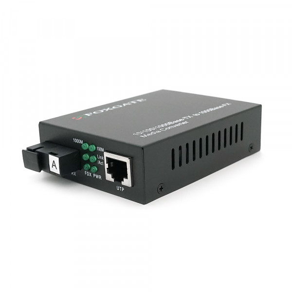 Медіаконвертер FOXGATE EC-Q-1G-1SM-1310nm, 1310 WDM, 1x10/100/1000 Base-Tx, одноволоконний Full/Half duplex, SC 20km (0+70°C), + блок живлення 5V 1A
