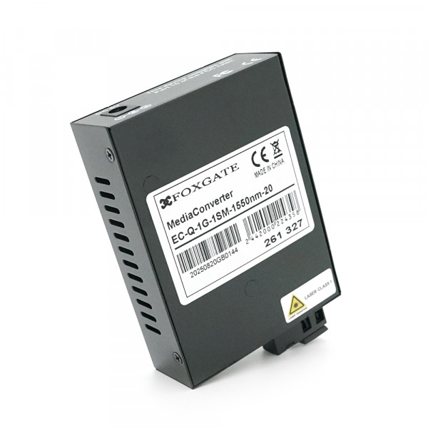 Медіаконвертер FOXGATE EC-Q-1G-1SM-1550nm, 1550 WDM, 1x10/100/1000 Base-Tx, одноволоконний Full/Half duplex, SC 20km (0+70°C), + блок живлення 5V 1A