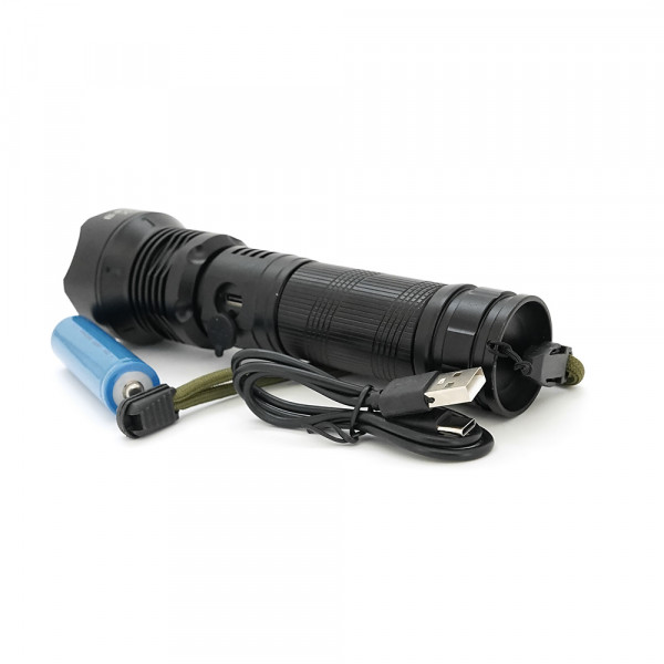 Ліхтарик BP-X718 P90, Zoom, 1 режим, корпус метал, акум 18650, індикація заряду, USB кабель, BOX