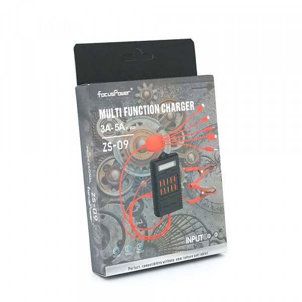 Портативний HUB ZS-09 із крокодилами на 10*USB2.0 (3A-5А), led, живлення 12В, Black, Box