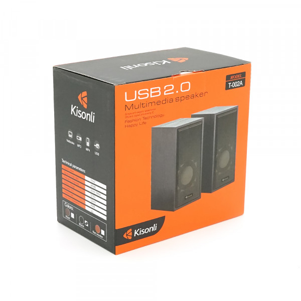 Колонки 2.0 Kisonli T-002A для ПК та ноутбука, USB + 3.5mm, 2x3W, 20Hz-18KHz, Black, BOX, Q30
