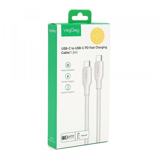 Кабель VEGGIEG V-M001C, Type-C(Male) to Type-C(Male) PD cable, 60 Вт, струм 3 А, 480 Мбіт/с, White, довжина 1,2 м, Box