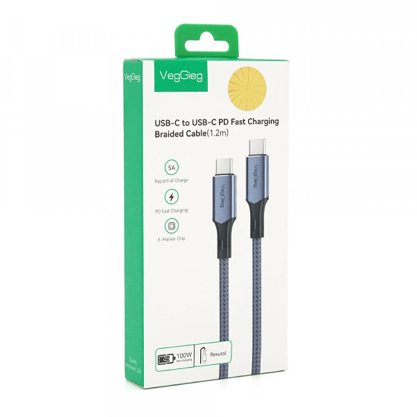 Кабель VEGGIEG V-M002C, Type-C(Male) to Type-C(Male) PD cable, 100 Вт, струм 3 А, 480 Мбіт/с, Gray, довжина 1,2 м, Box