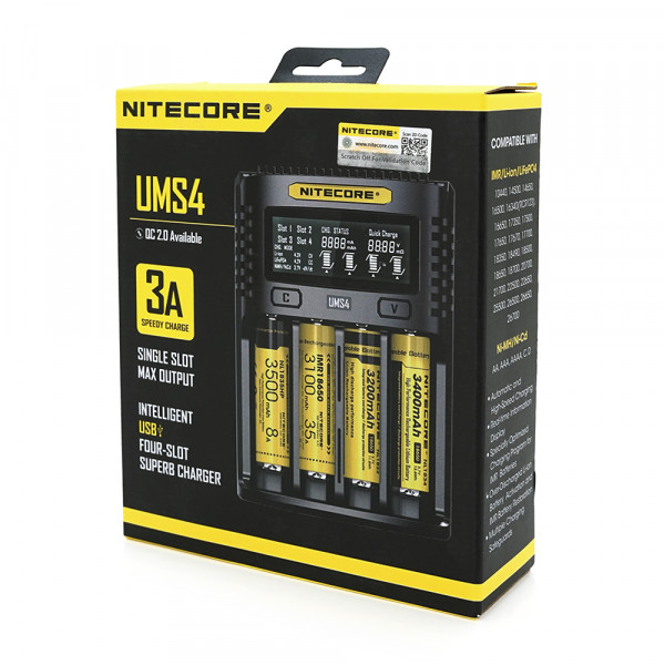 Зарядний пристрій універсальний Nitecore Digicharger UMS4, 4 канали, LCD дисплей, підтримує Li-ion, Ni-MH і Ni-Cd AA (R6), ААA (R03), С (R14)