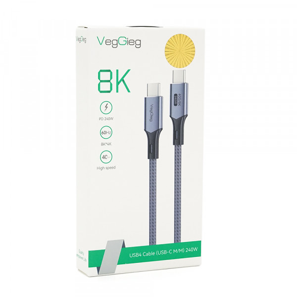 Кабель VEGGIEG V-U408, Type-C(Male) to Type-C(Male) PD cable, 240 Вт, струм 5 А, 40Gbps, Gray, довжина 0.5м, Box
