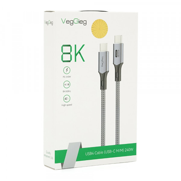 Кабель VEGGIEG V-U409, Type-C(Male) to Type-C(Male) PD cable, 240 Вт, струм 5 А, 40Gbps, Gray, довжина 1м, Box