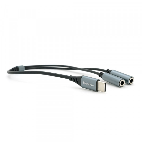 Перехідник VEGGIEG V-K204, 1/Type-C(Male) to=> 2/Jack 3.5mm(F)(навушники + мікрофон), Black/Silver, Box