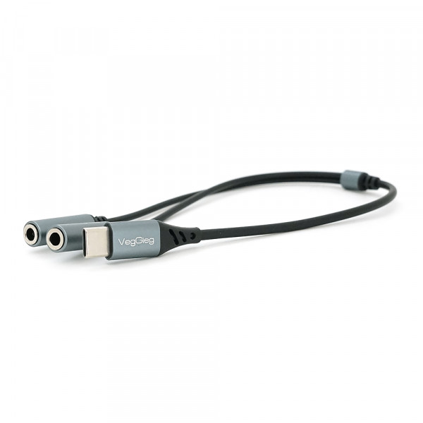 Перехідник VEGGIEG V-K204, 1/Type-C(Male) to=> 2/Jack 3.5mm(F)(навушники + мікрофон), Black/Silver, Box