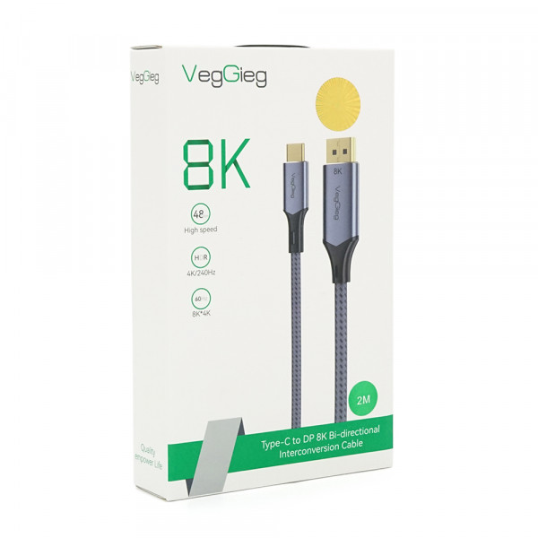 Кабель VEGGIEG V-Z637 Type-C (папа)/Display Port(папа), 8K, 2м, Black-gray