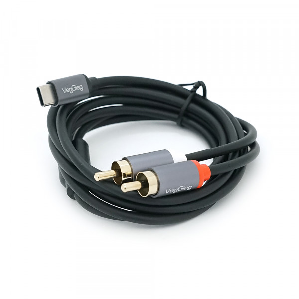 Кабель VEGGIEG V-A621 TypeC => 2хRCA (тато), GOLD Jack, круглий, Gray, 1.5 м, Пакет