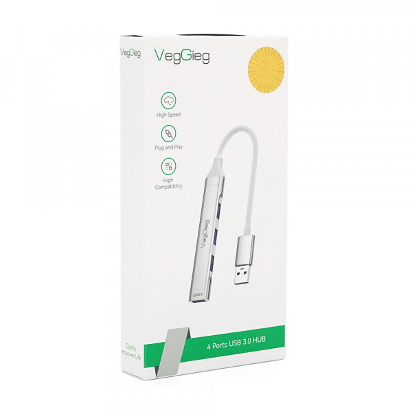 Хаб VEGGIEG V-K301 USB 3.0 на USB 3.0/4 порти, 480Mbts, живлення від USB, 0.15m, Silver, Box