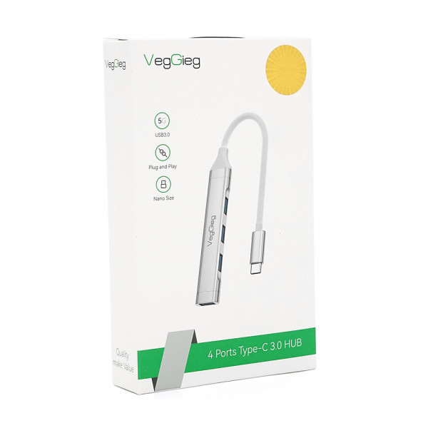 Хаб VEGGIEG V-K301 Type-C на USB 3.0/4 порту, 480Mbts, живлення від USB, 0.15m, Silver, Box
