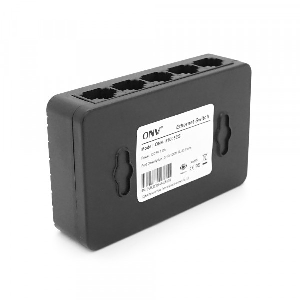 5ти портовий Ethernet комутатор ONV-H1005ES у чорному корпусі, 5*100Мб портів, 5В 1Ач, 87.7×55×23.9 мм