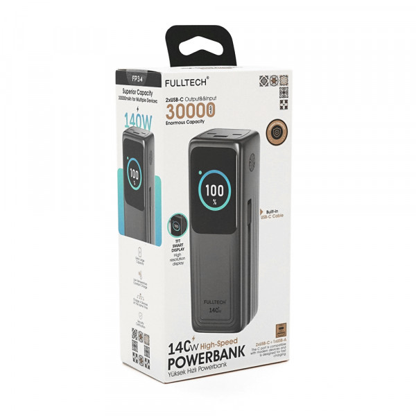 Powerbank Fulltech FP34 30000mAh, Fast charge PD140W, Li-pol, LCD Display, Вхід:Type-C, Виходи: 2xUSB Type-C, 1xUSB Type-A, USB Type-C Cable, Box