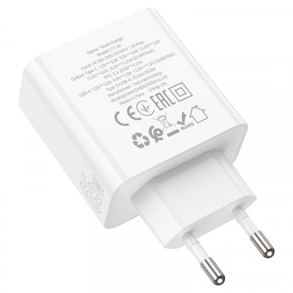 СЗУ HOCO C113A 110-240V, PD65W+Q3.0, USB+Type-C, White, Box