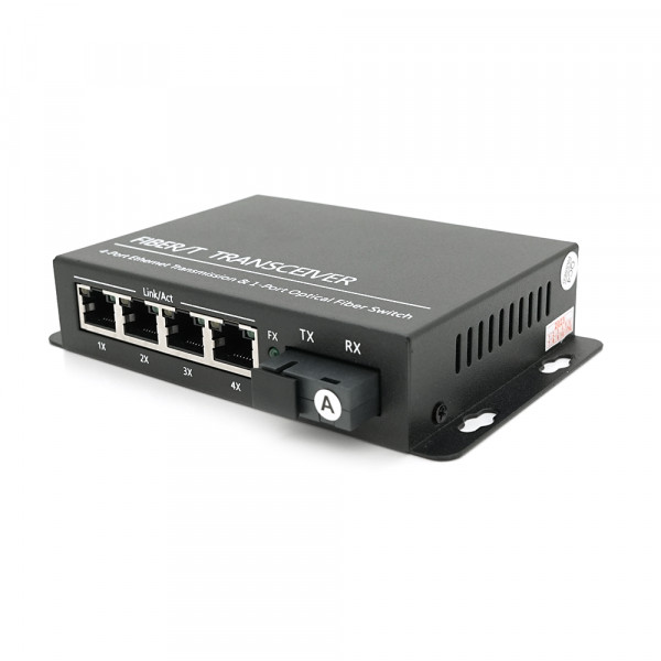 4х портовий медіаконвертор ONV-0110S-SCX-S4-A, 4*100М RJ45 + 1*SC порт (1310/1550nm, 20km)