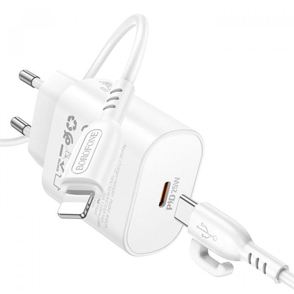 Набір СЗУ BOROFONE BA82A + Lighting кабель, PD25W, USB-C, кабель 1м, White, Box