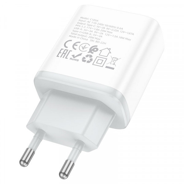 СЗУ HOCO C105A 110-240V, PD20W+Q3.0,USB+Type-C, White, Blister