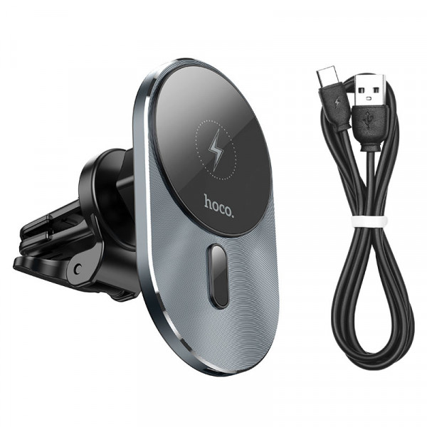 Автотримач HOCO CA91 + Wireless Charging 15W, кріплення на решітку, Type-C, Gray, Box