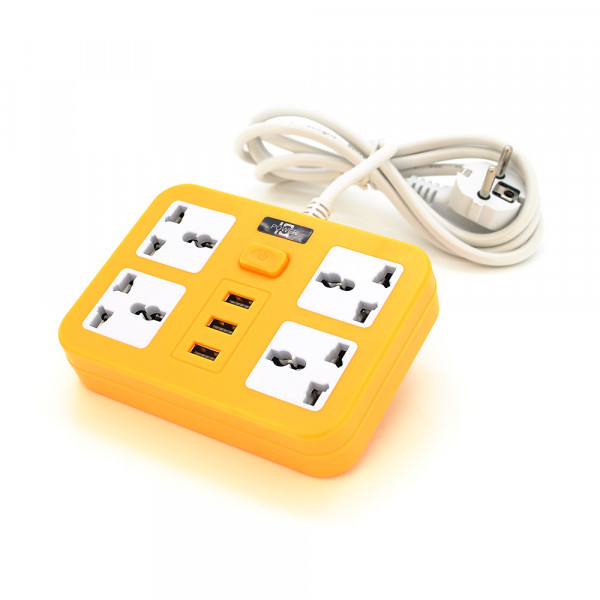 Мережевий фільтр ТВ-Т15, 4 розетки + 3 USB, з перемикачем, 2 м, перетин 3х0, 75мм, 2500W, Yellow, Box